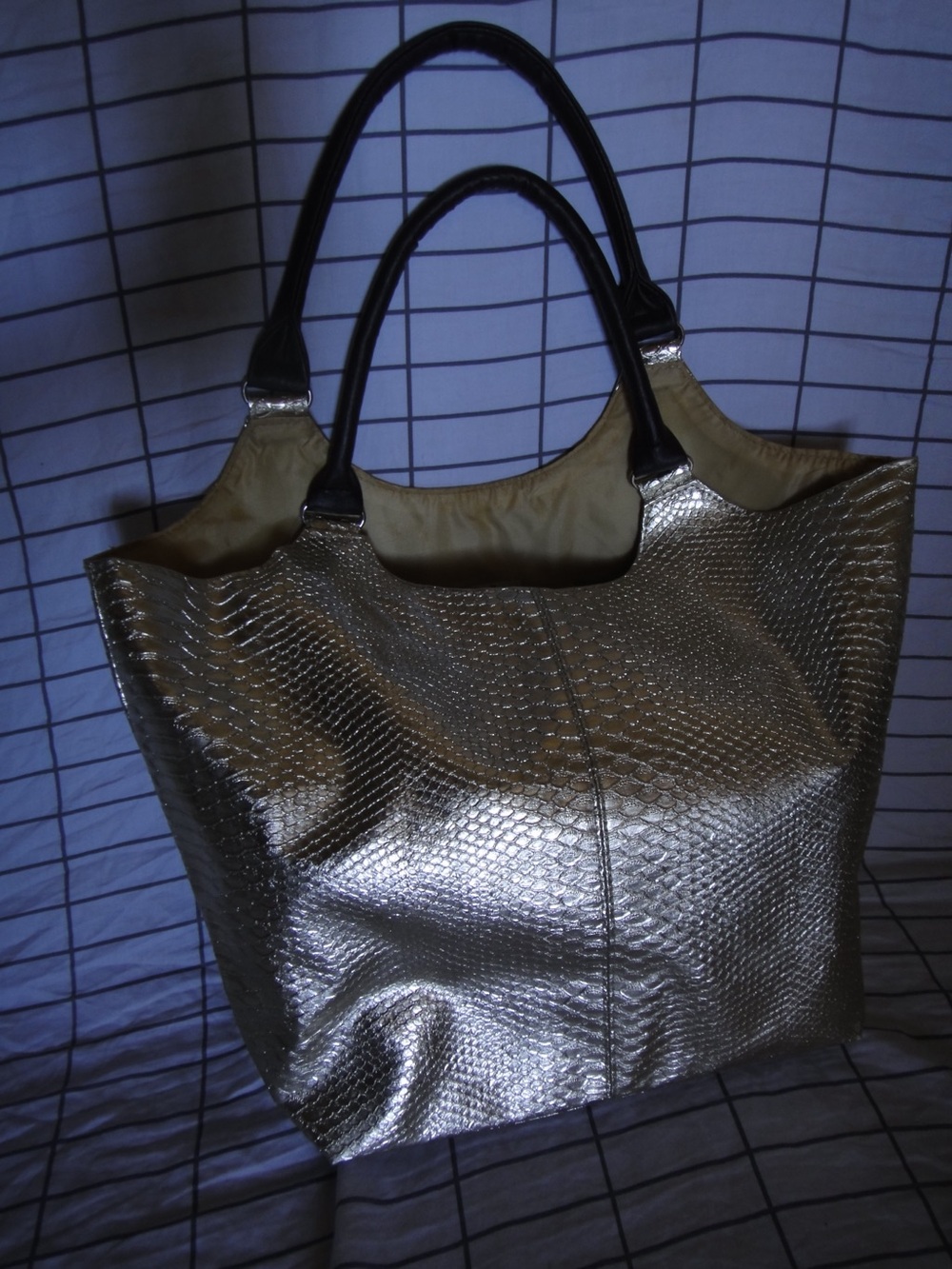 Metallic Silver Purse Brown Handles